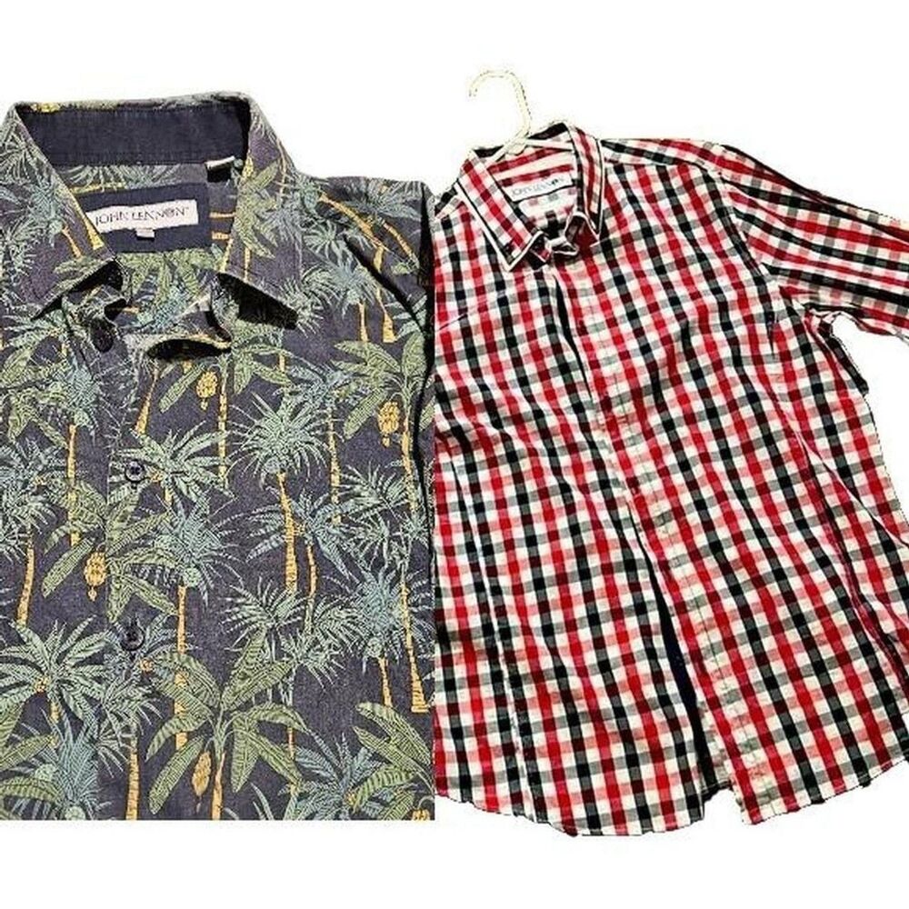 2 John Lennon Men's Large Shirts – Tropical Palm Hawaiian & Gingham Long SZ L